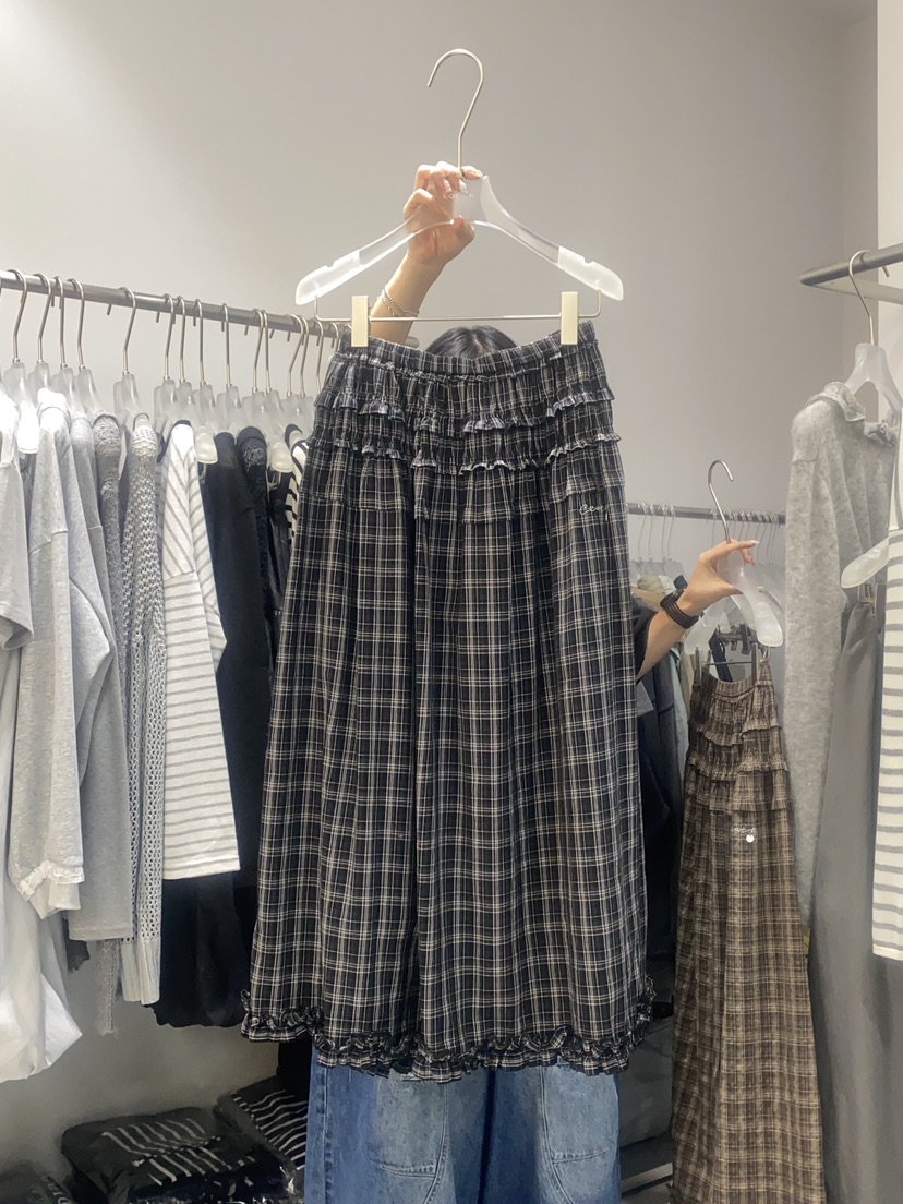LOOKK東大門㊣直郵女士新品25秋冬時尚熱賣休閑長裙荷葉邊格紋LOOKK長裙圖色2