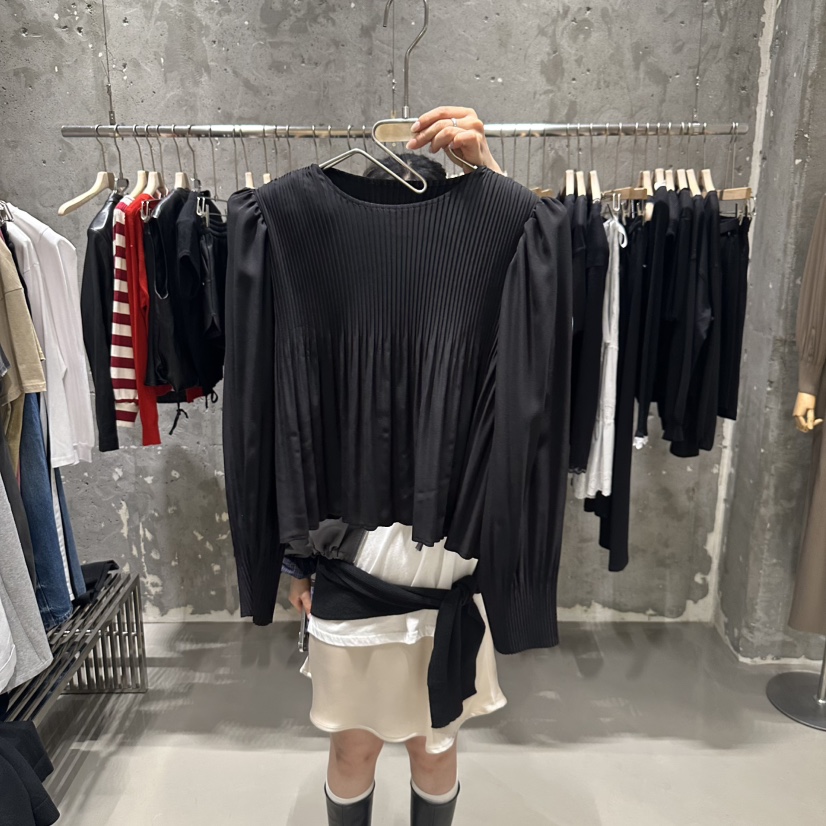 JUNI韓國代購㊣女士新款25秋冬時尚職業休閑襯衫蕾絲衫褶皺my juni襯衫/蕾絲衫圖色2