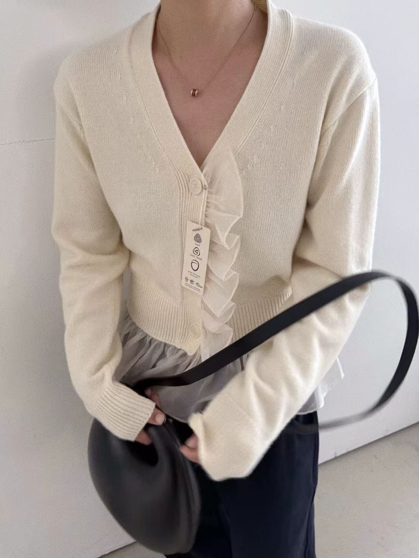 OLI SEOUL東大門㊣直郵女裝新品25秋冬休閑針織衫荷葉邊雪紡OLI SEOUL針織衫