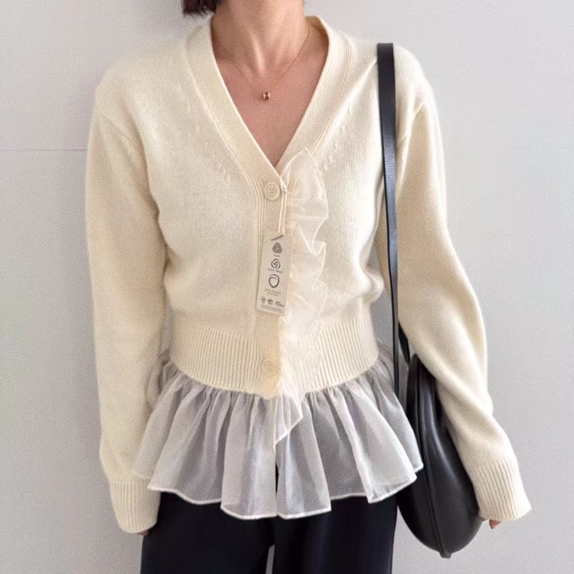 OLI SEOUL東大門㊣直郵女裝新品25秋冬休閑針織衫荷葉邊雪紡OLI SEOUL針織衫