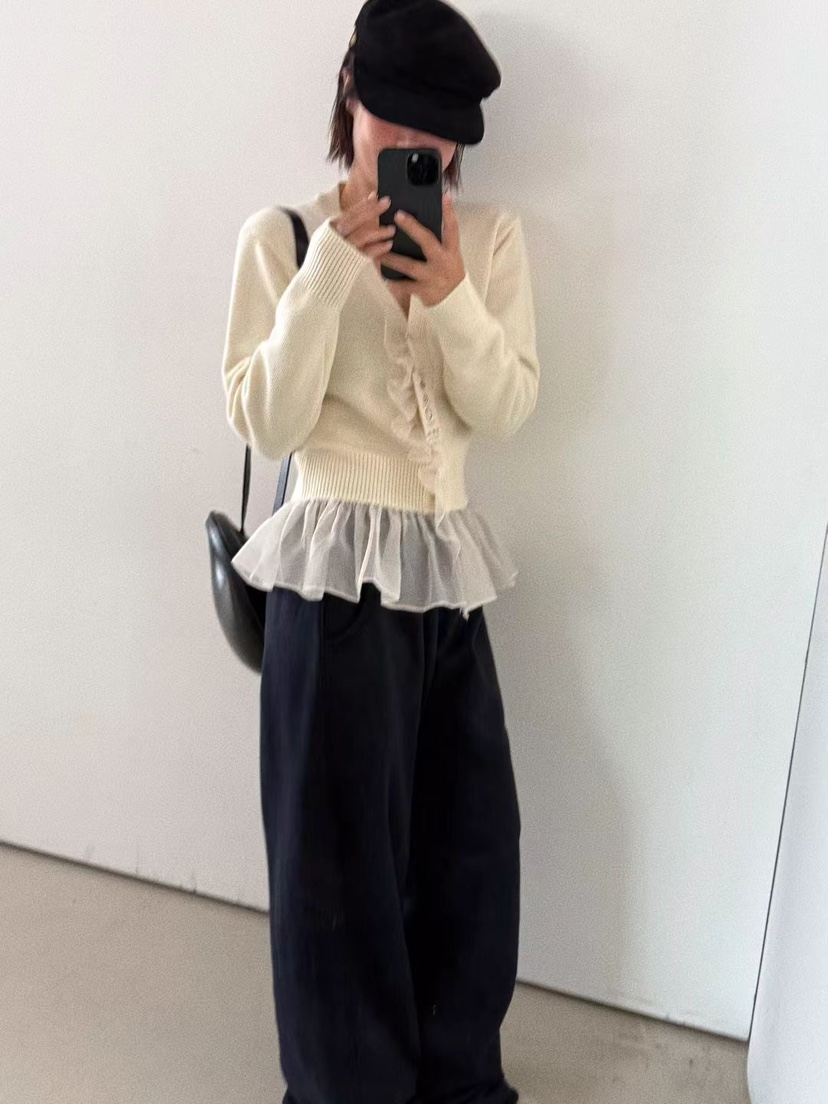 OLI SEOUL東大門㊣直郵女裝新品25秋冬休閑針織衫荷葉邊雪紡OLI SEOUL針織衫