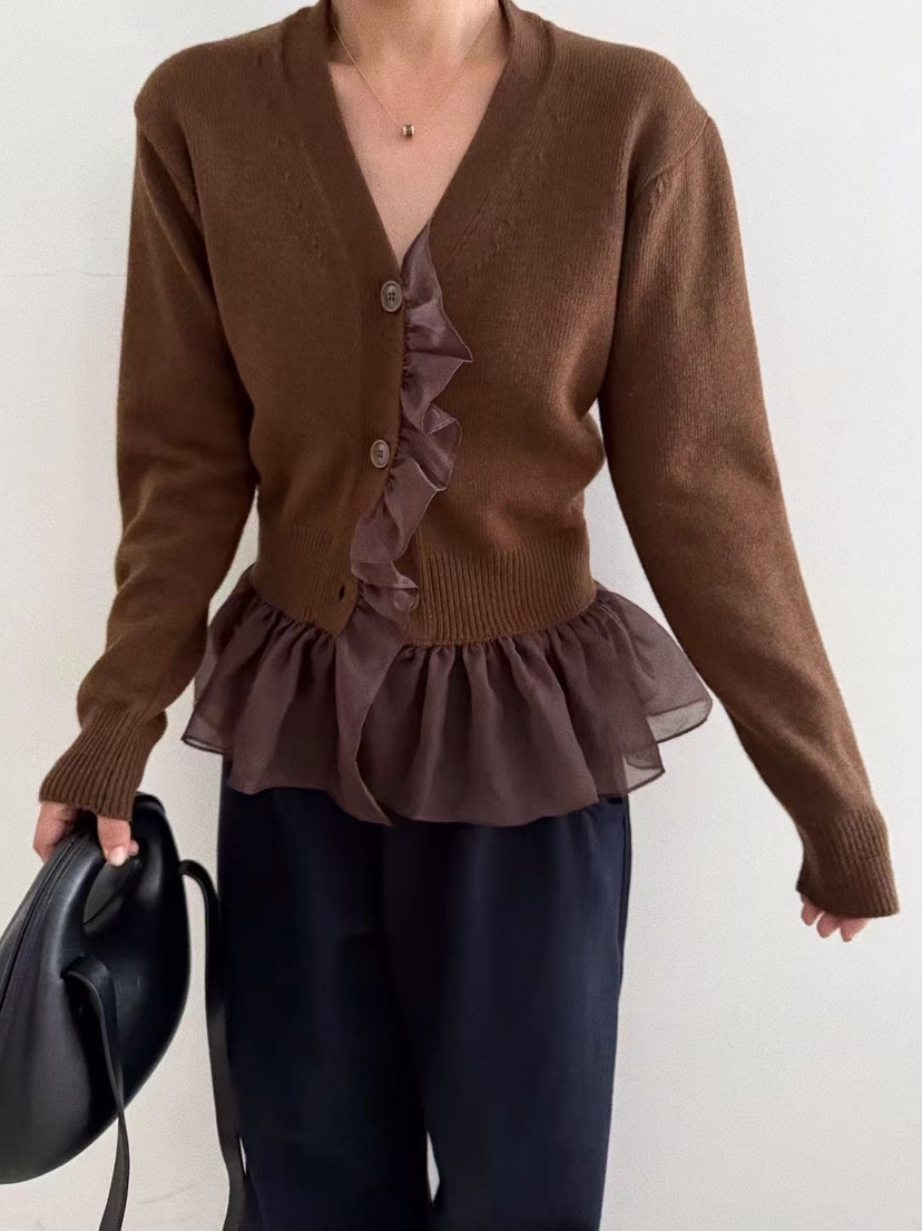OLI SEOUL東大門㊣直郵女裝新品25秋冬休閑針織衫荷葉邊雪紡OLI SEOUL針織衫