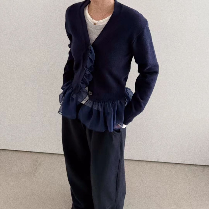 OLI SEOUL東大門㊣直郵女裝新品25秋冬休閑針織衫荷葉邊雪紡OLI SEOUL針織衫