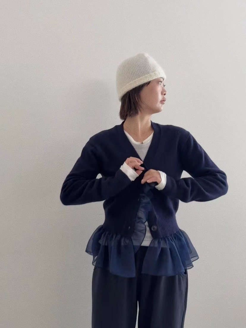 OLI SEOUL東大門㊣直郵女裝新品25秋冬休閑針織衫荷葉邊雪紡OLI SEOUL針織衫
