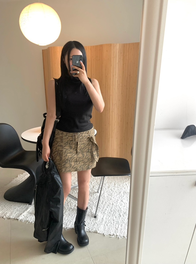 SEOLO東大門㊣代購女裝新品25秋冬推薦人氣休閑短裙含腰帶迷彩Seolo seoul短裙