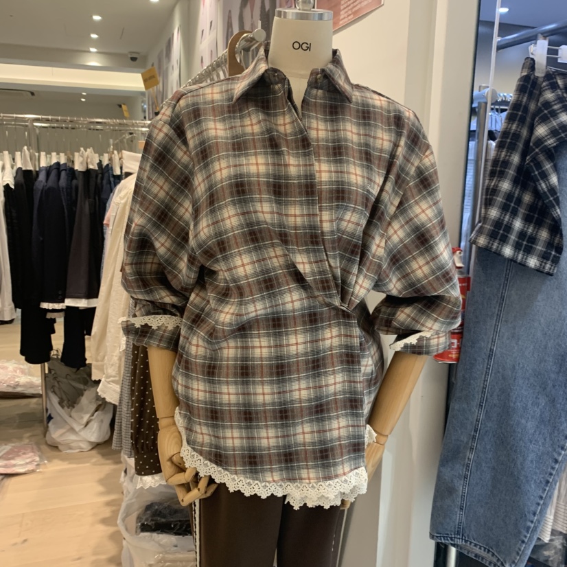 OGI韓國直郵㊣女士新品休閑真品時尚推薦職業襯衫蕾絲衫格紋FLat OGI襯衫/蕾絲衫