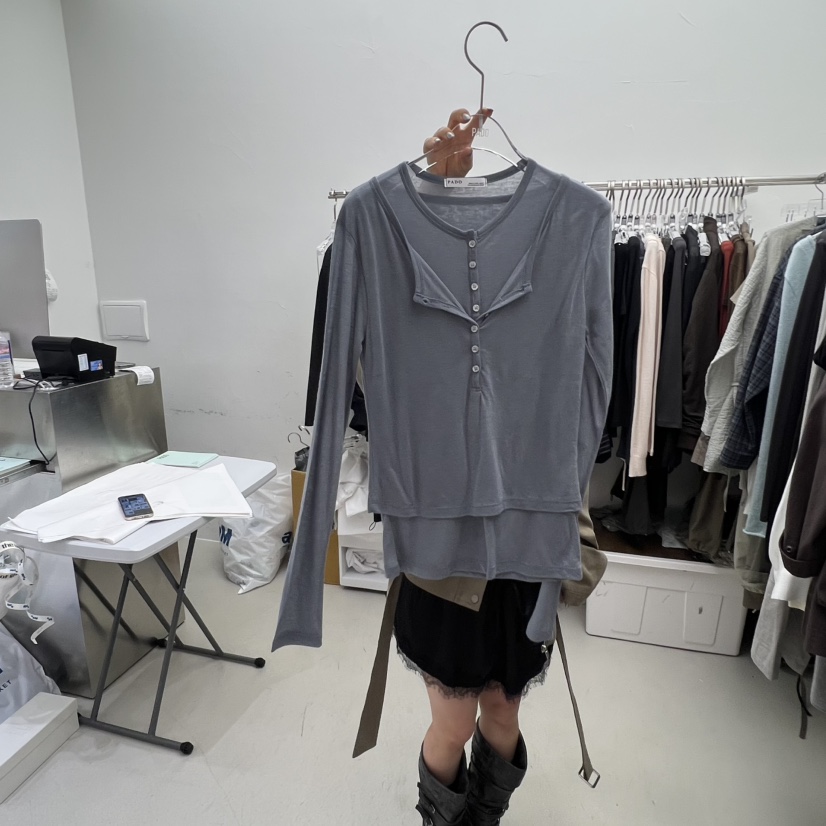 PADO韓國代購㊣女士新款推薦職業25秋冬時尚長袖T恤假兩件雙層PADO長袖T恤圖色3