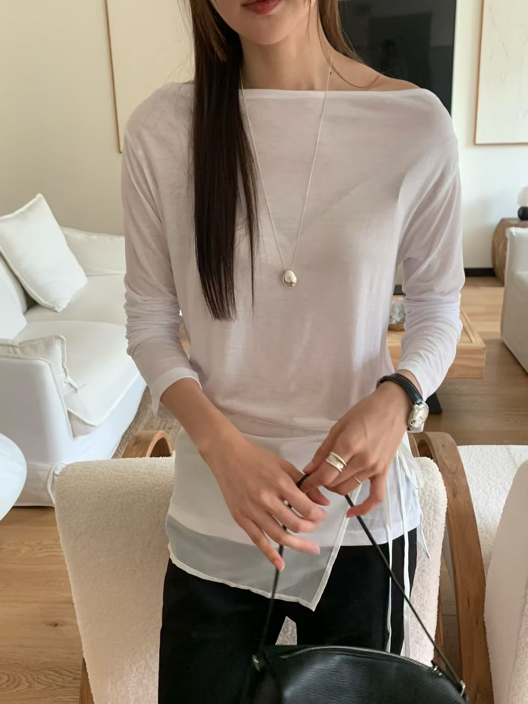 DINING韓國代購㊣女士新款職業熱賣休閑長袖T恤不含屁簾雪紡DINING長袖T恤圖色2