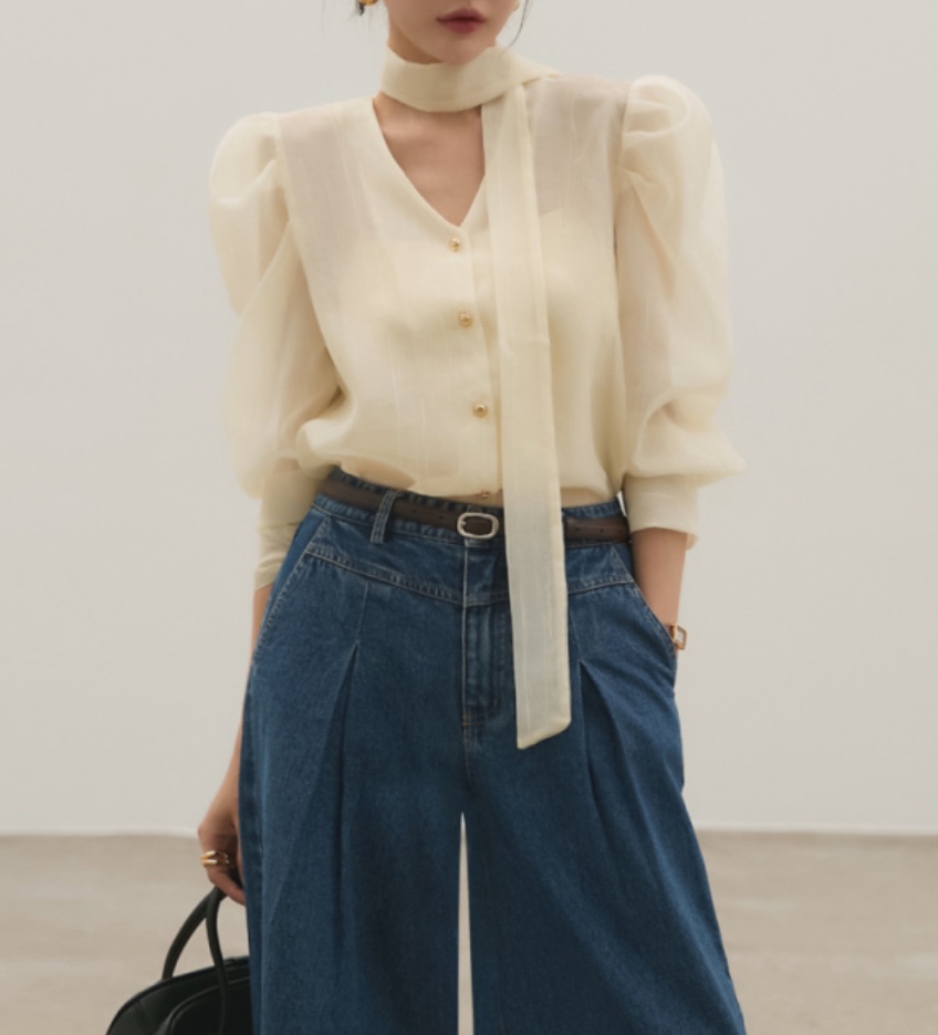 LEA/ASHER-J東大門㊣代購女士新款25秋冬襯衫蕾絲衫含脖帶透明PitaPat襯衫/蕾絲衫
