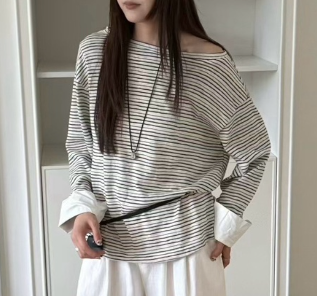 DOUZEMOIS韓國直郵㊣女裝新品人氣25秋冬長袖T恤不含配飾條紋DOUZEMOIS長袖T恤