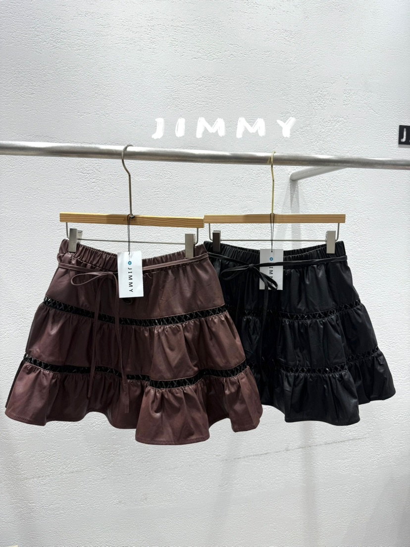 JIMMY韓國代購㊣女裝新品25秋冬熱賣人氣時尚短裙含腰繩皮革JIMMY/REMAKE短裙