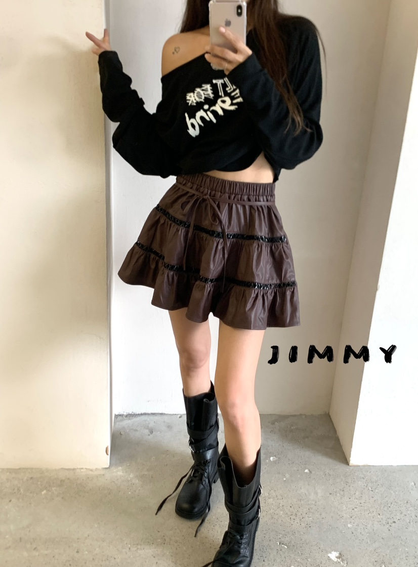 JIMMY韓國代購㊣女裝新品25秋冬熱賣人氣時尚短裙含腰繩皮革JIMMY/REMAKE短裙