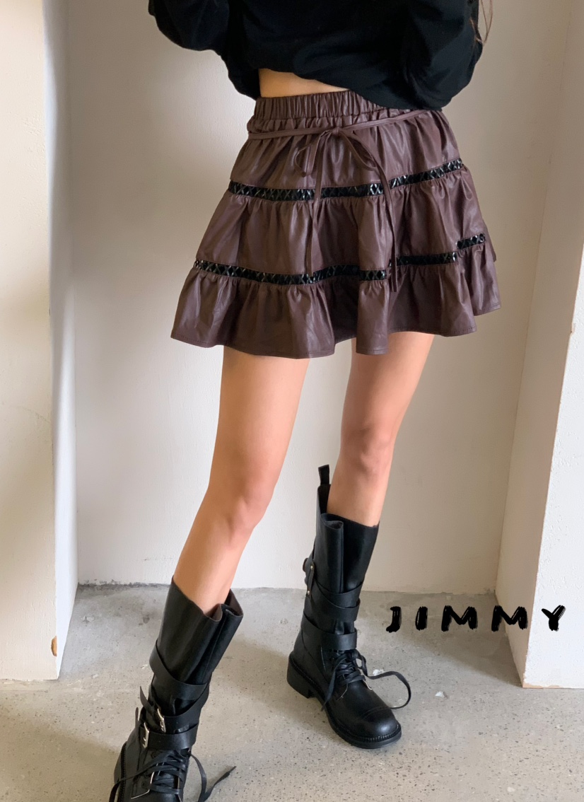 JIMMY韓國代購㊣女裝新品25秋冬熱賣人氣時尚短裙含腰繩皮革JIMMY/REMAKE短裙