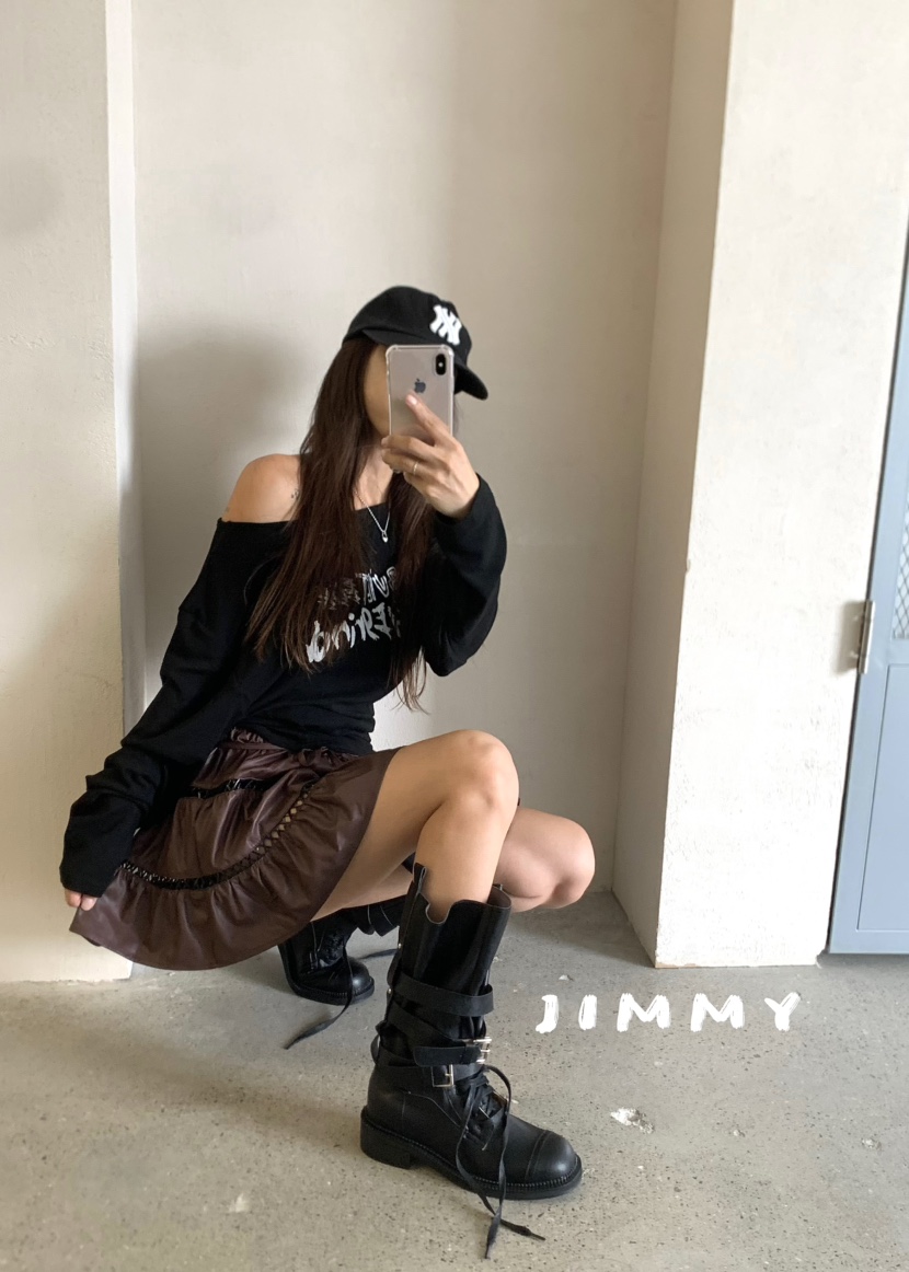 JIMMY韓國代購㊣女裝新品25秋冬熱賣人氣時尚短裙含腰繩皮革JIMMY/REMAKE短裙