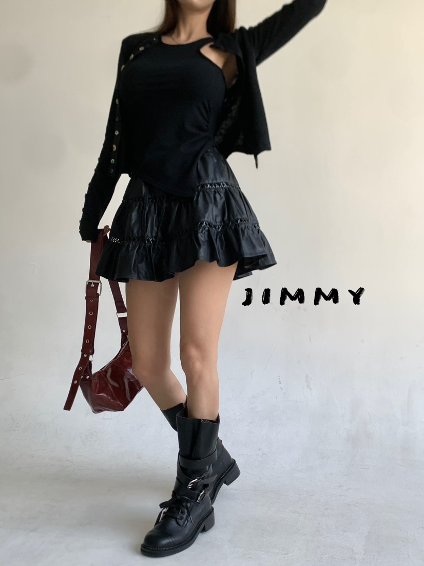 JIMMY韓國代購㊣女裝新品25秋冬熱賣人氣時尚短裙含腰繩皮革JIMMY/REMAKE短裙