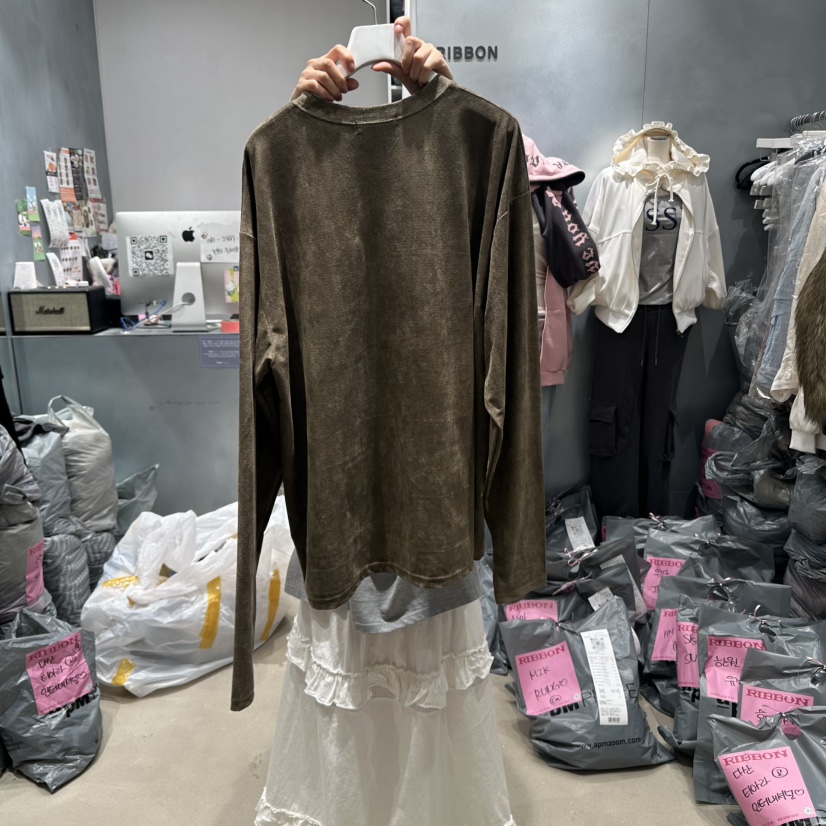 RIBBON韓國代購㊣女士新品休閑時尚人氣25秋冬長袖T恤絨面革RIBBON長袖T恤