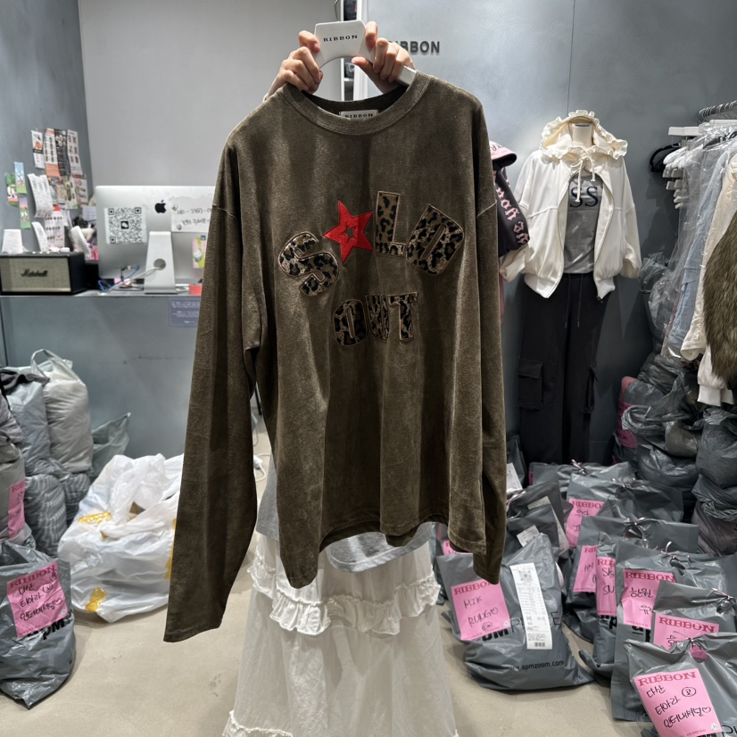 RIBBON韓國代購㊣女士新品休閑時尚人氣25秋冬長袖T恤絨面革RIBBON長袖T恤圖色3