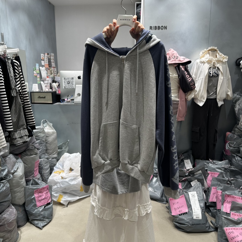 RIBBON韓國代購㊣女士新款25秋冬熱賣推薦職業衛衣連帽衫拉鏈RIBBON衛衣圖色2