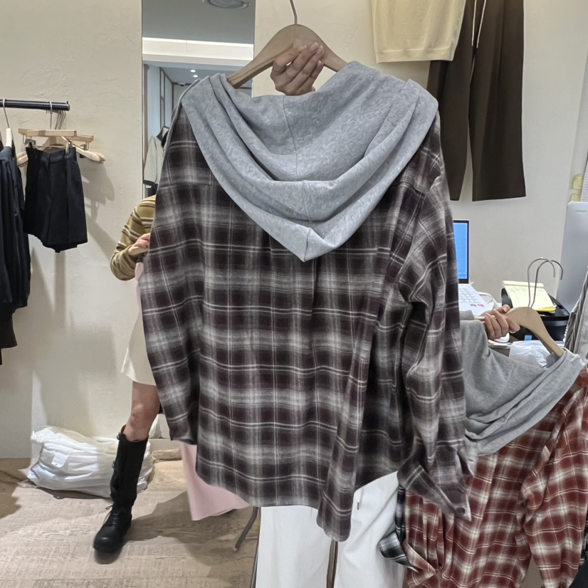 W AND J韓國直郵㊣女士新品真品推薦時尚襯衫蕾絲衫格紋連帽W AND J襯衫/蕾絲衫