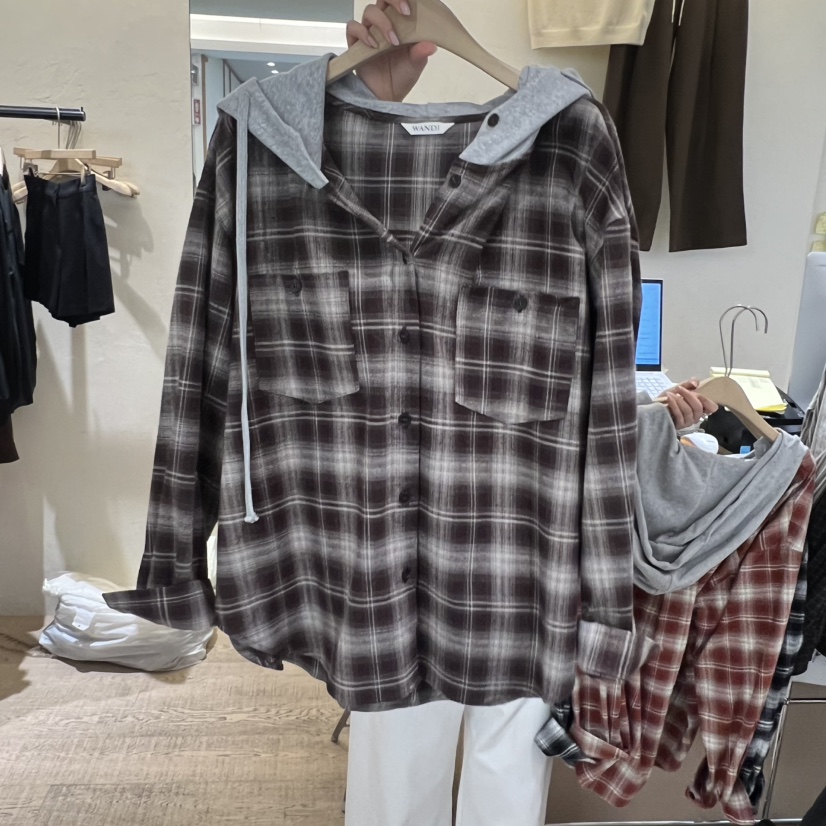 W AND J韓國直郵㊣女士新品真品推薦時尚襯衫蕾絲衫格紋連帽W AND J襯衫/蕾絲衫