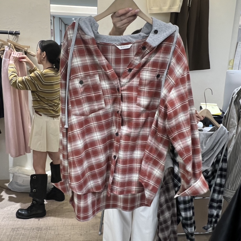 W AND J韓國直郵㊣女士新品真品推薦時尚襯衫蕾絲衫格紋連帽W AND J襯衫/蕾絲衫圖色2