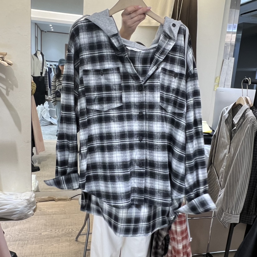 W AND J韓國直郵㊣女士新品真品推薦時尚襯衫蕾絲衫格紋連帽W AND J襯衫/蕾絲衫圖色3