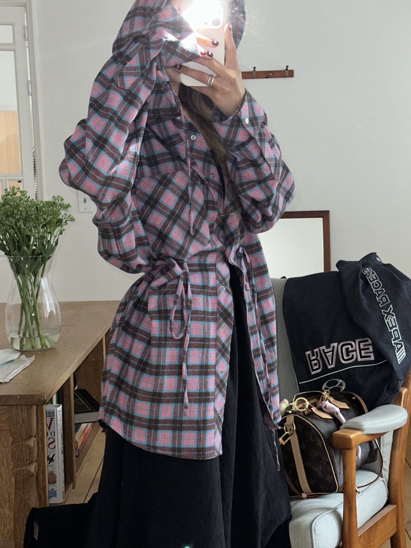ZEROZERO韓國代購㊣女士新品時尚人氣職業襯衫蕾絲衫格紋連帽ZEROZERO襯衫/蕾絲衫