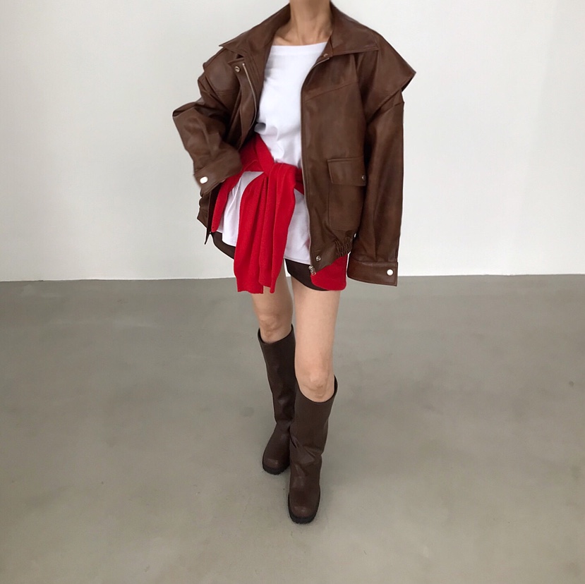 2TWO MOON韓國直郵㊣女士新品熱賣25秋冬真品休閑皮衣皮革2TWO MOON皮衣