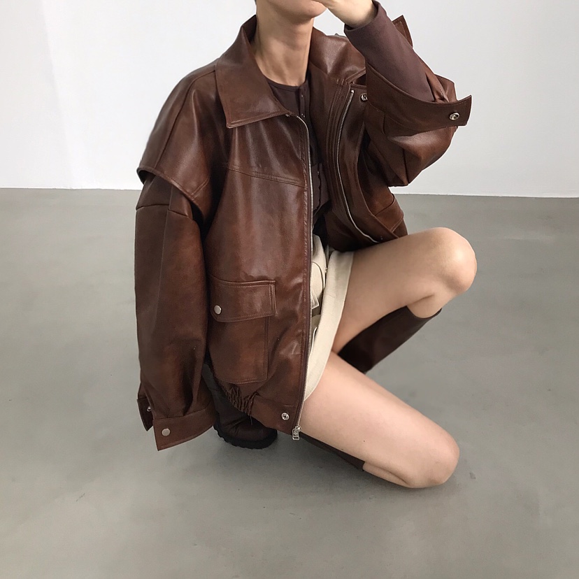 2TWO MOON韓國直郵㊣女士新品熱賣25秋冬真品休閑皮衣皮革2TWO MOON皮衣
