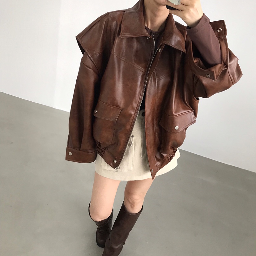 2TWO MOON韓國直郵㊣女士新品熱賣25秋冬真品休閑皮衣皮革2TWO MOON皮衣