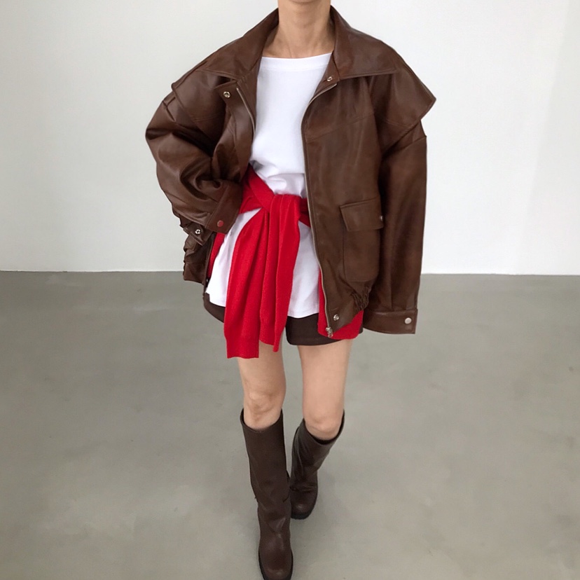 2TWO MOON韓國直郵㊣女士新品熱賣25秋冬真品休閑皮衣皮革2TWO MOON皮衣