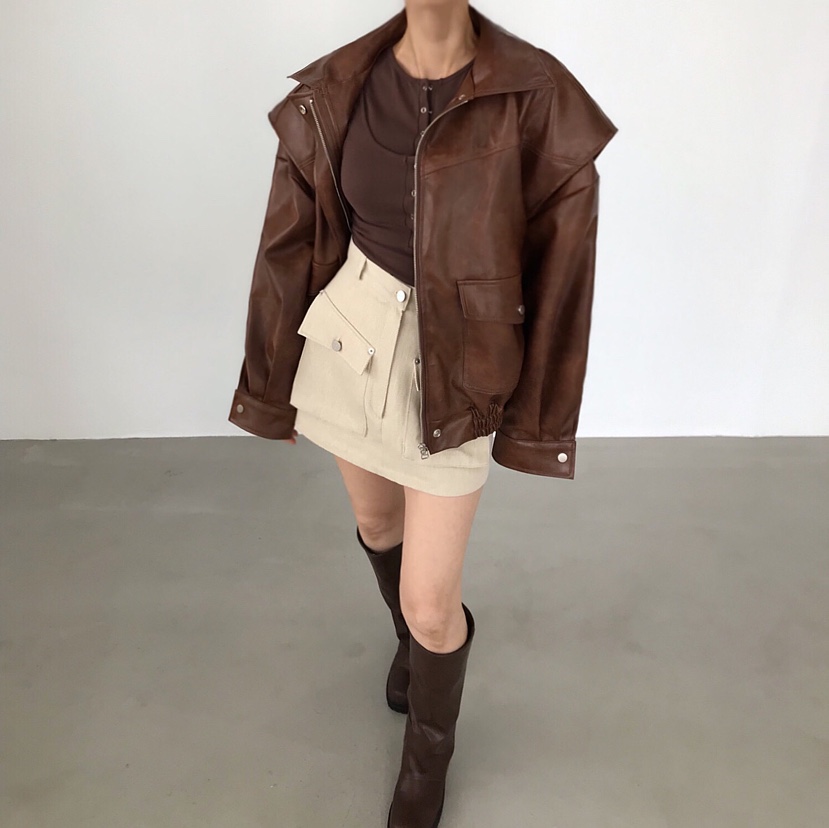 2TWO MOON韓國直郵㊣女士新品熱賣25秋冬真品休閑皮衣皮革2TWO MOON皮衣