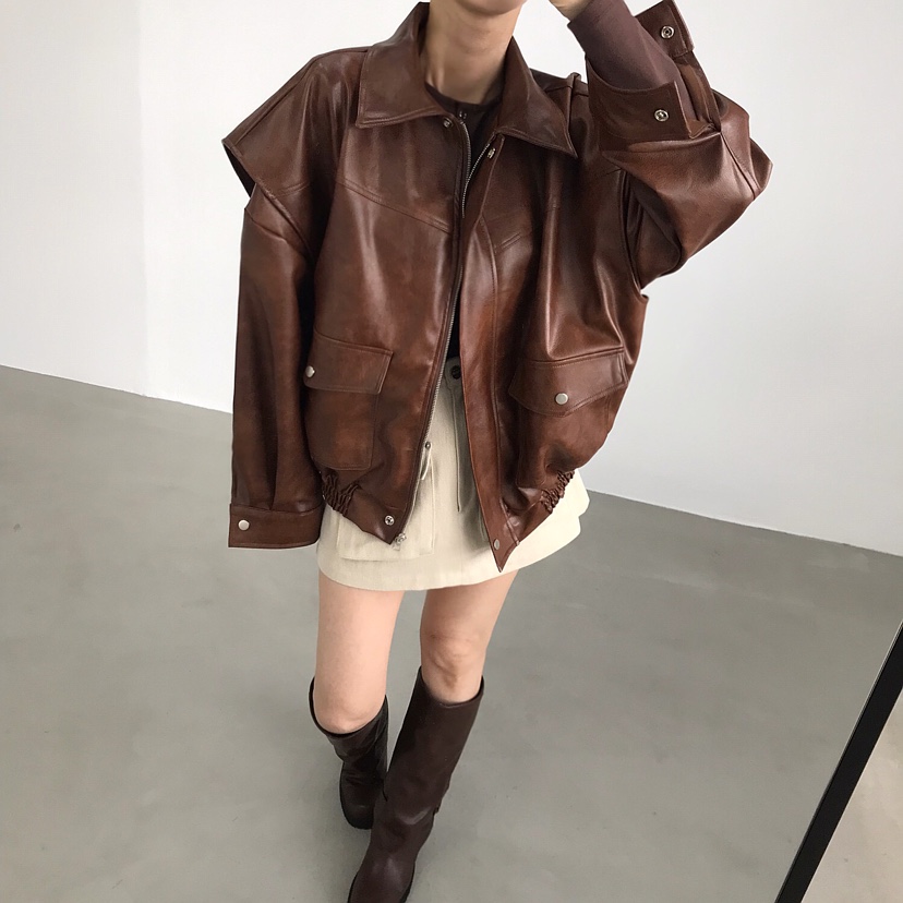 2TWO MOON韓國直郵㊣女士新品熱賣25秋冬真品休閑皮衣皮革2TWO MOON皮衣圖色1