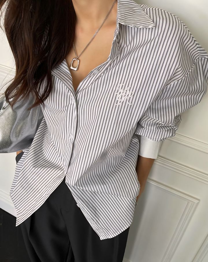 FEMME東大門㊣代購女裝新品25秋冬休閑時尚推薦襯衫蕾絲衫條紋FEMME襯衫/蕾絲衫
