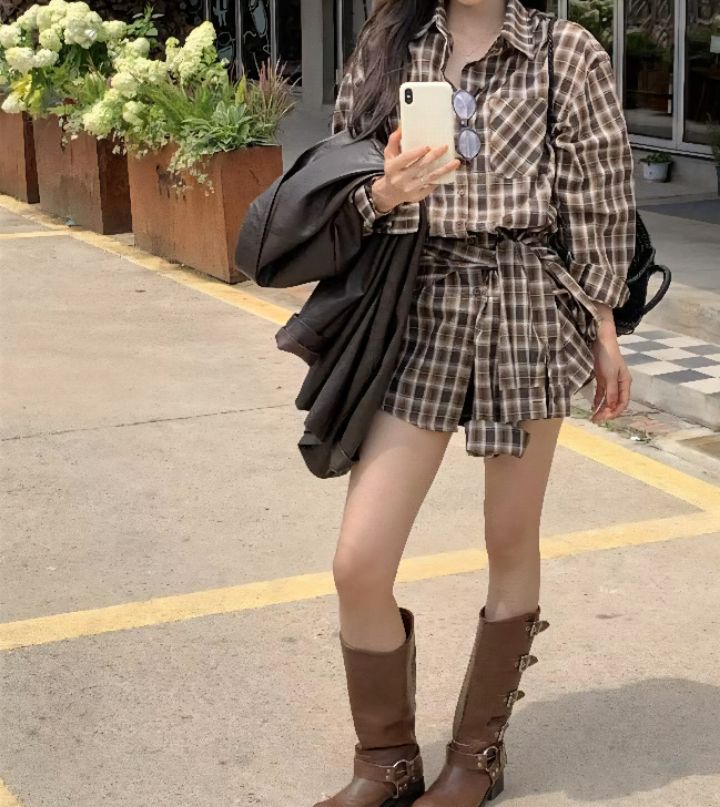 FEMME東大門㊣代購女士新品休閑25秋冬職業襯衫蕾絲衫格紋腰帶FEMME襯衫/蕾絲衫