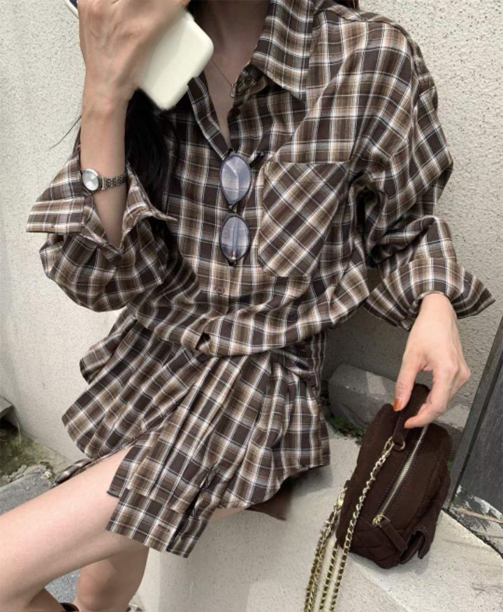 FEMME東大門㊣代購女士新品休閑25秋冬職業襯衫蕾絲衫格紋腰帶FEMME襯衫/蕾絲衫圖色2