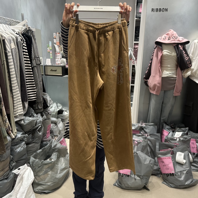 RIBBON東大門㊣代購女裝新品真品休閑25秋冬時尚休閑褲絨面革RIBBON休閑褲圖色1