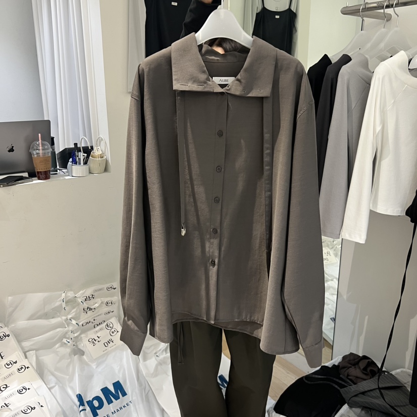 AUBE韓國代購㊣女裝新品熱賣時尚休閑職業襯衫蕾絲衫含腰繩AUBE襯衫/蕾絲衫圖色2