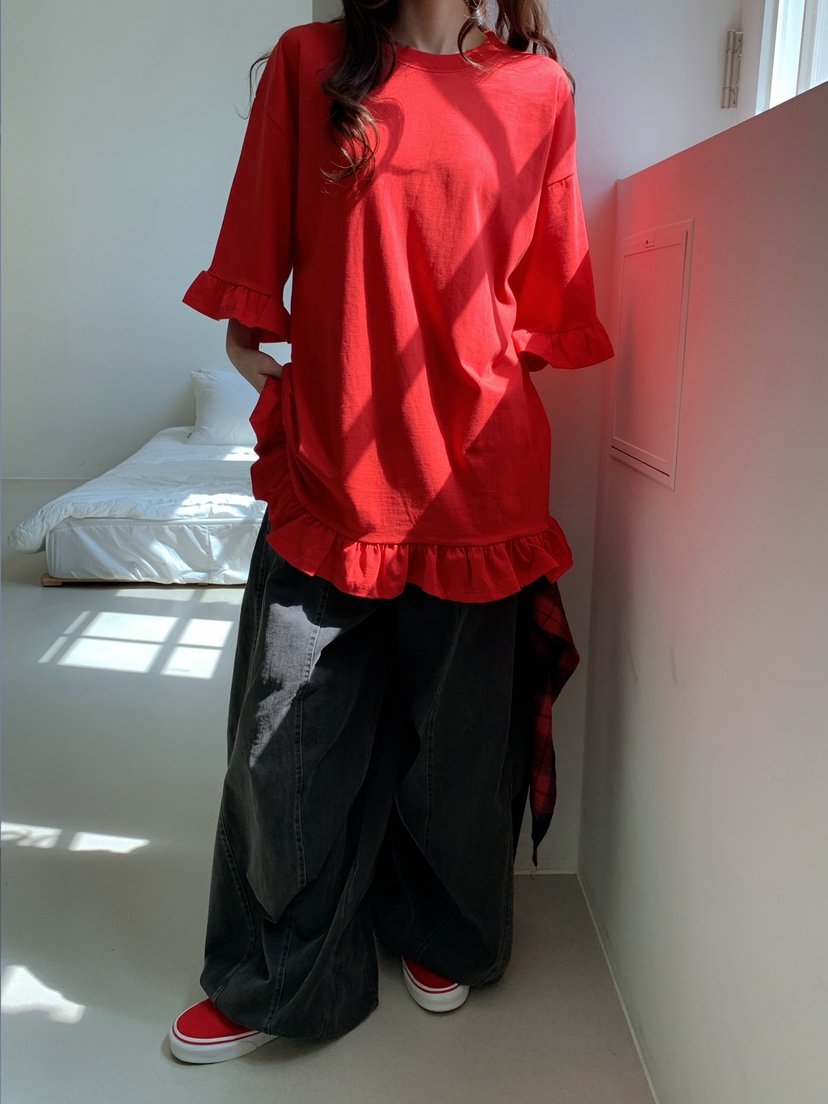 JKICHI韓國代購㊣女士新品25秋冬熱賣人氣職業T恤荷葉邊腰帶JKICHIT恤