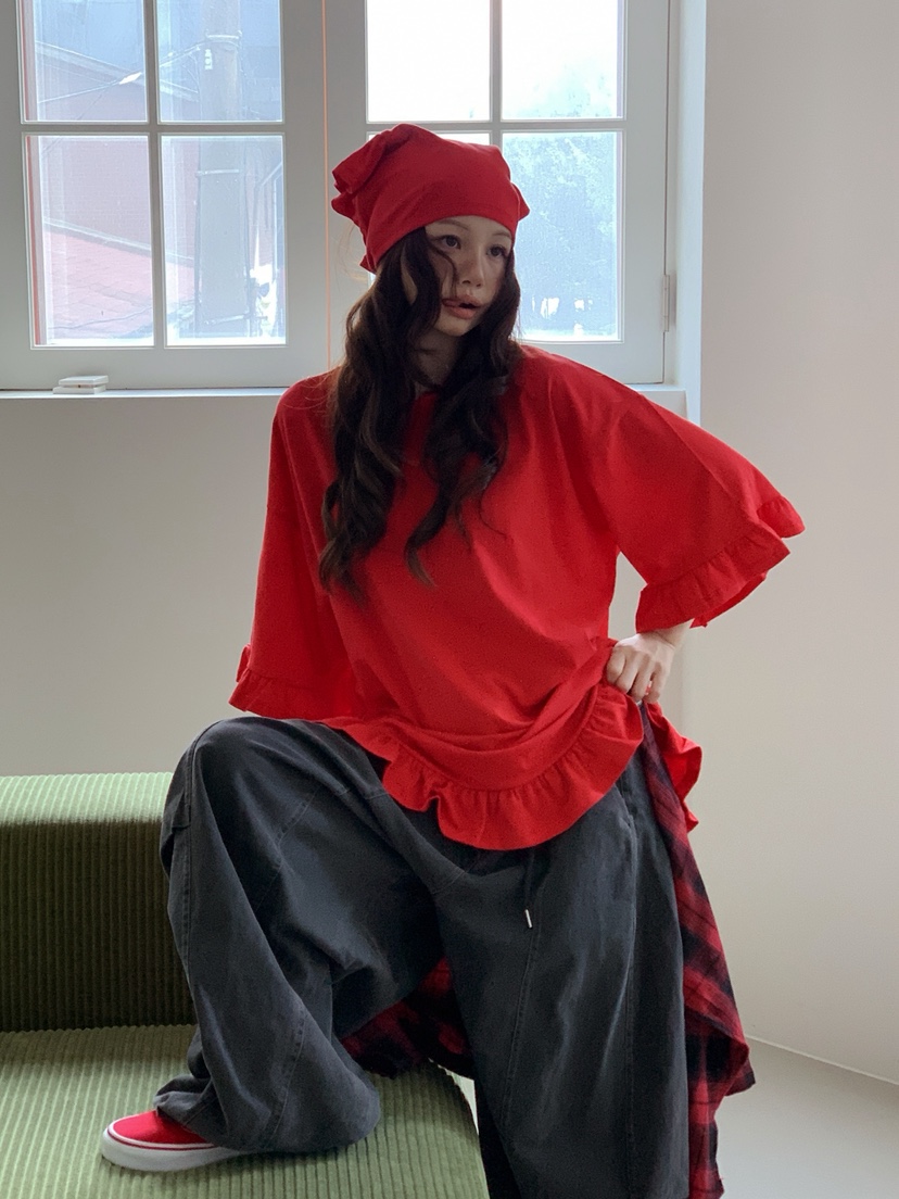 JKICHI韓國代購㊣女士新品25秋冬熱賣人氣職業T恤荷葉邊腰帶JKICHIT恤