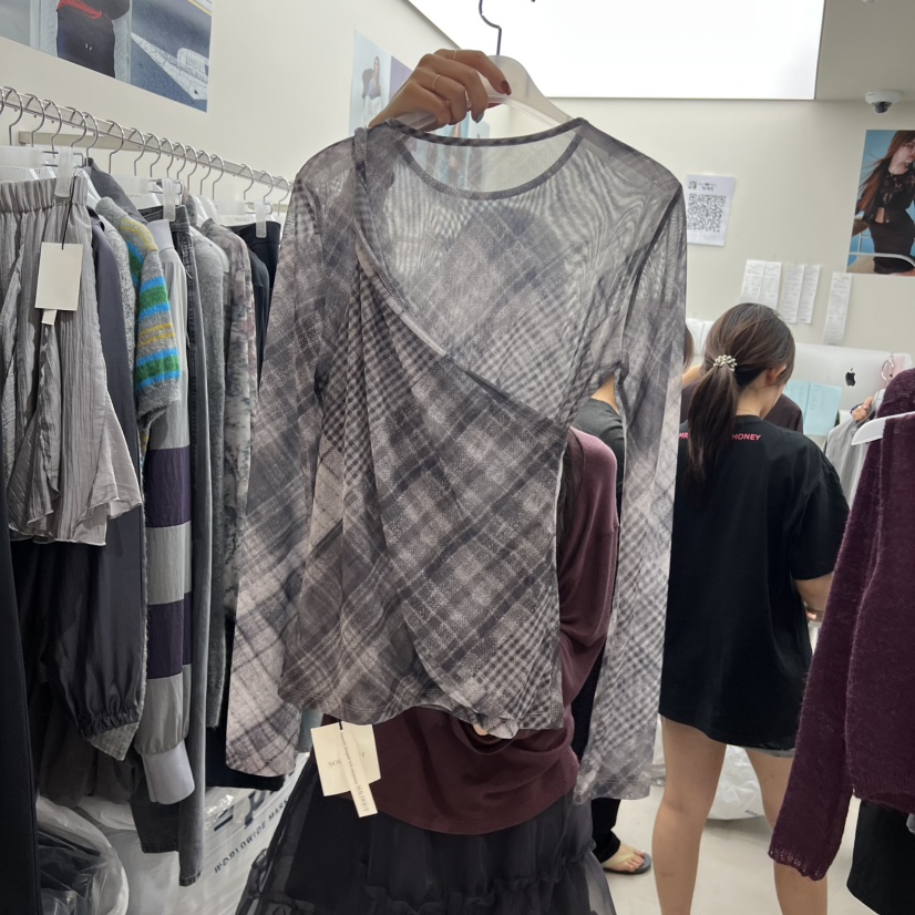 SOLD OUT韓國直郵㊣女士新品時尚推薦休閑長袖T恤網眼格紋SOLD OUT長袖T恤