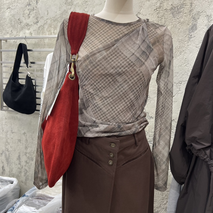 SOLD OUT韓國直郵㊣女士新品時尚推薦休閑長袖T恤網眼格紋SOLD OUT長袖T恤圖色1
