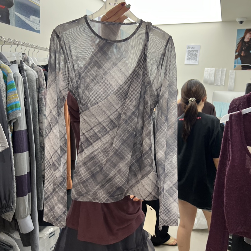 SOLD OUT韓國直郵㊣女士新品時尚推薦休閑長袖T恤網眼格紋SOLD OUT長袖T恤圖色2