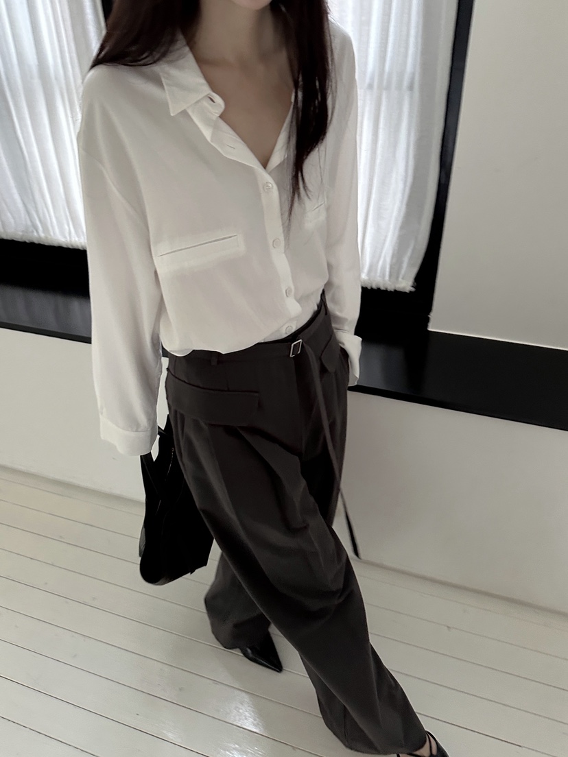 BOWIE韓國代購㊣女裝新款休閑25秋冬時尚職業襯衫蕾絲衫口袋BOWIE襯衫/蕾絲衫