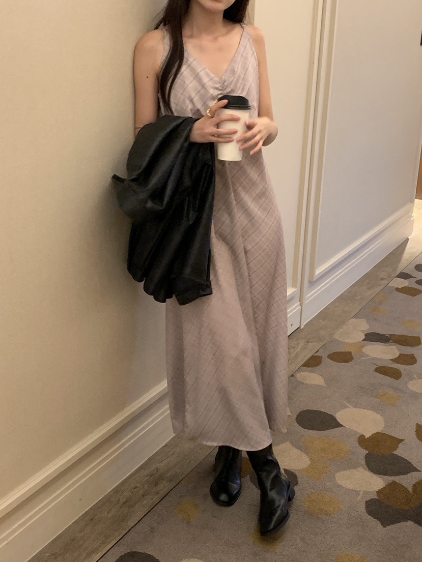 FRILL-T東大門㊣代購女士新款休閑職業連衣裙不含內搭格紋FRILL-T連衣裙