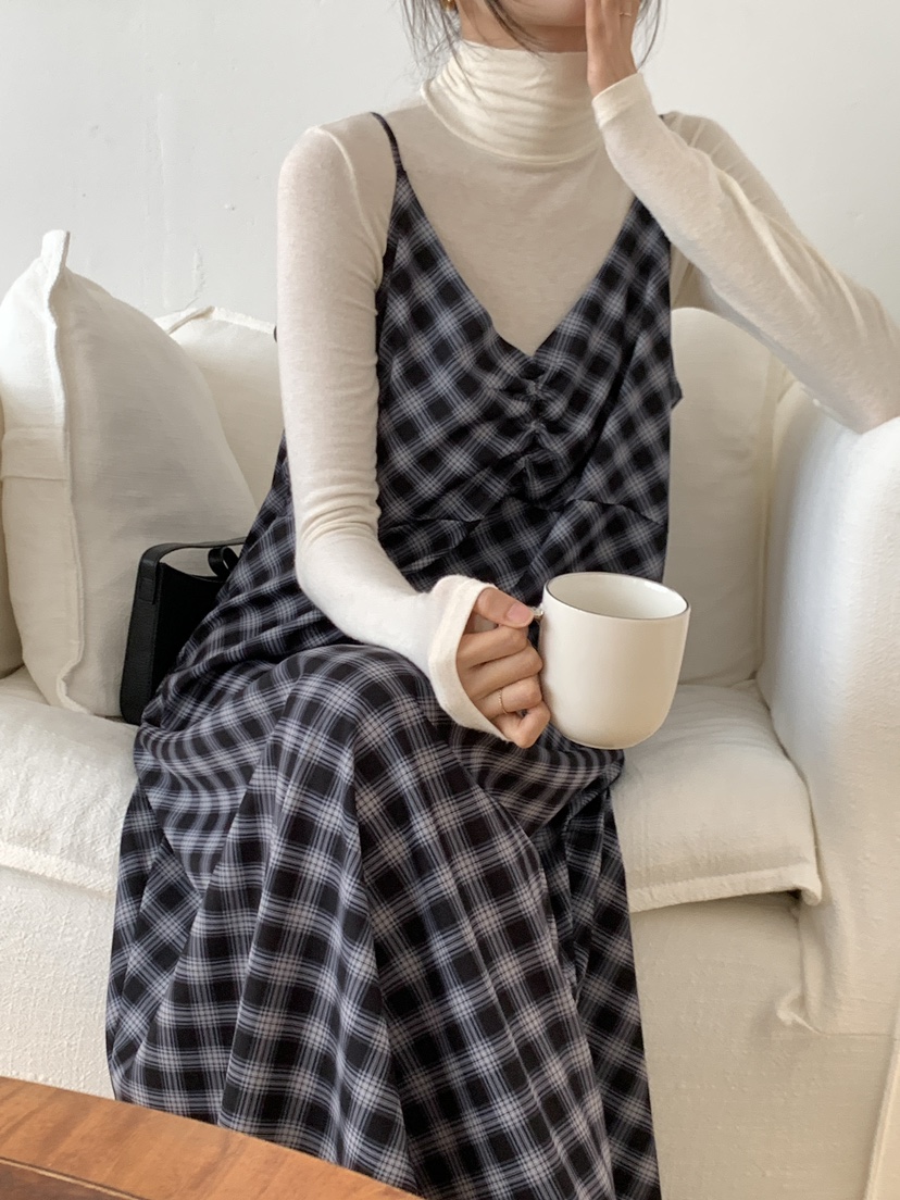 FRILL-T東大門㊣代購女士新款休閑職業連衣裙不含內搭格紋FRILL-T連衣裙