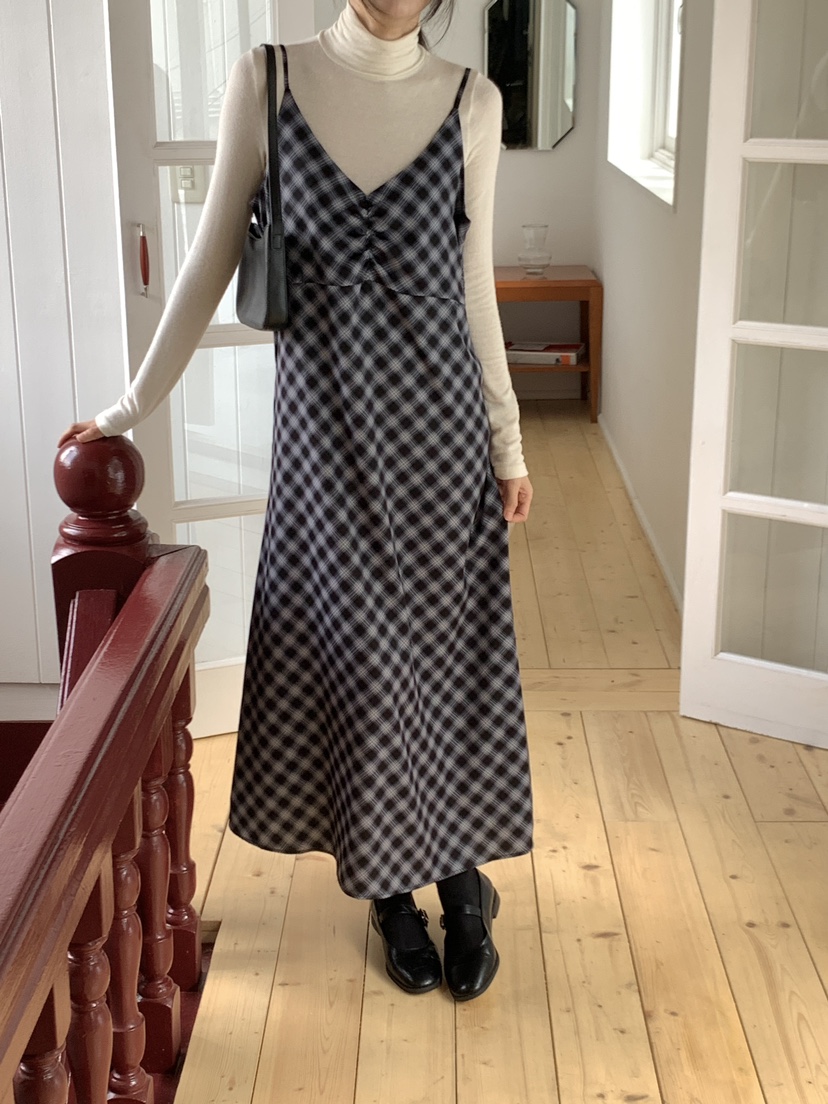FRILL-T東大門㊣代購女士新款休閑職業連衣裙不含內搭格紋FRILL-T連衣裙