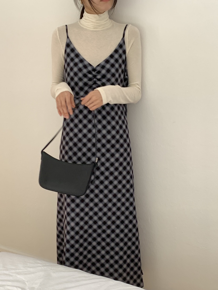 FRILL-T東大門㊣代購女士新款休閑職業連衣裙不含內搭格紋FRILL-T連衣裙