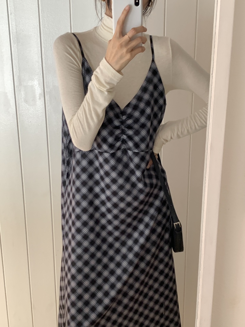 FRILL-T東大門㊣代購女士新款休閑職業連衣裙不含內搭格紋FRILL-T連衣裙