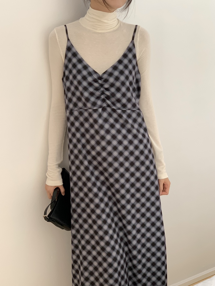 FRILL-T東大門㊣代購女士新款休閑職業連衣裙不含內搭格紋FRILL-T連衣裙